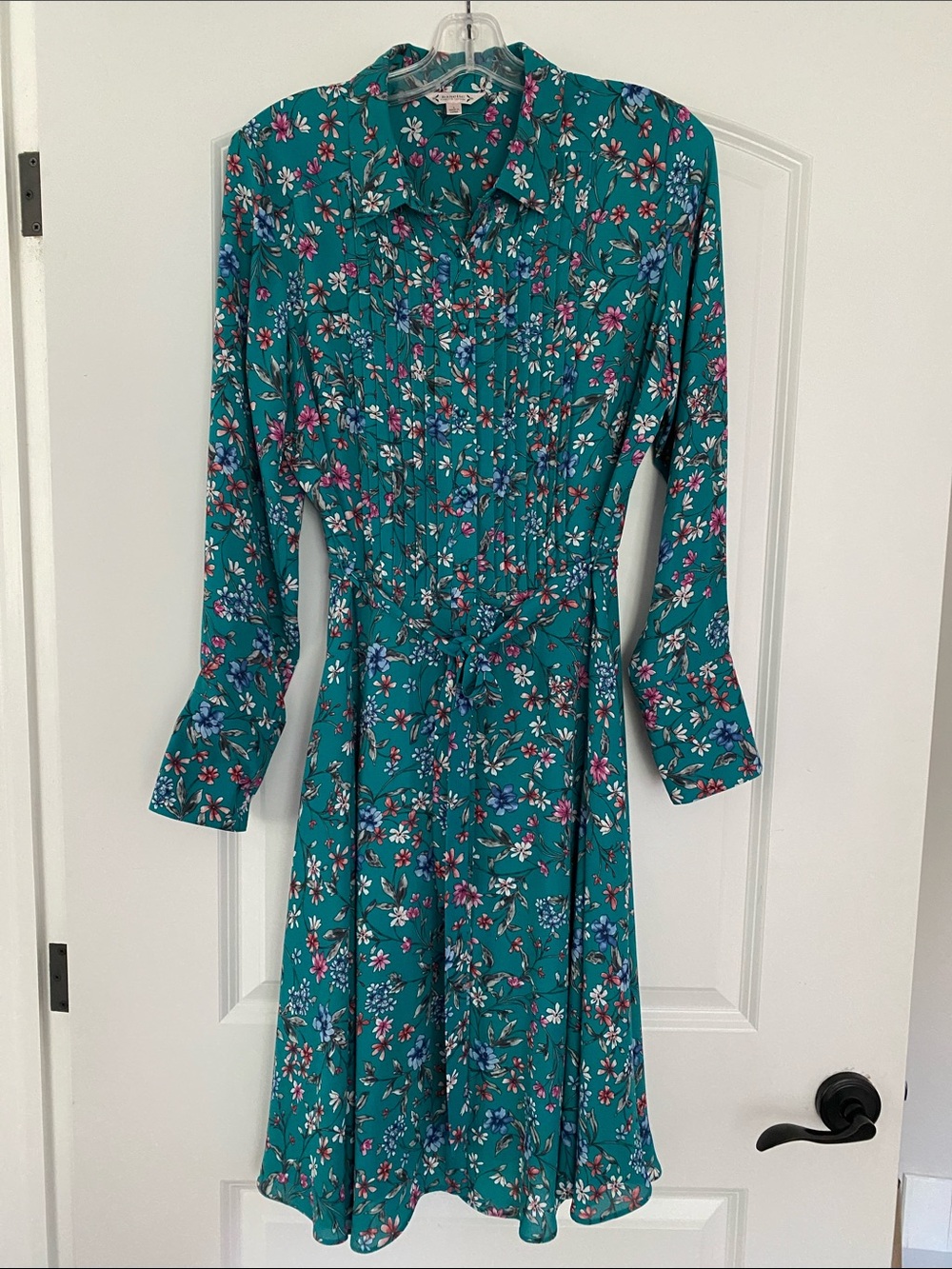 Nanette Teal Floral Button-Front Shirt Dress with Tie Waist